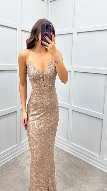 Beige Rope Strap Sequin Evening Dress