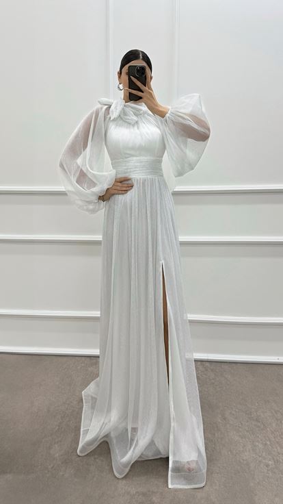 White Neck Bow Detail Tulle Evening Dress