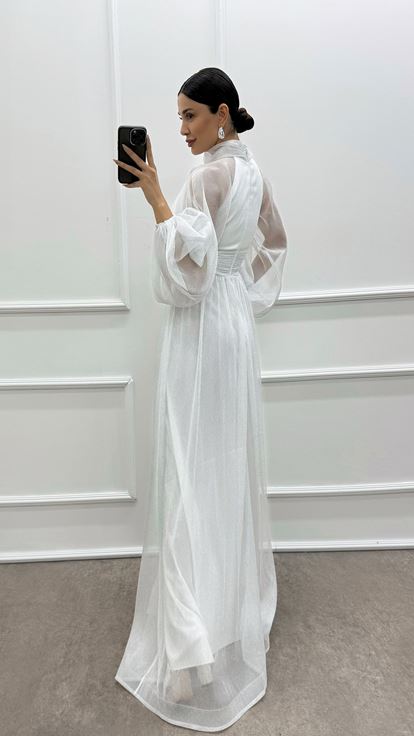 White Neck Bow Detail Tulle Evening Dress