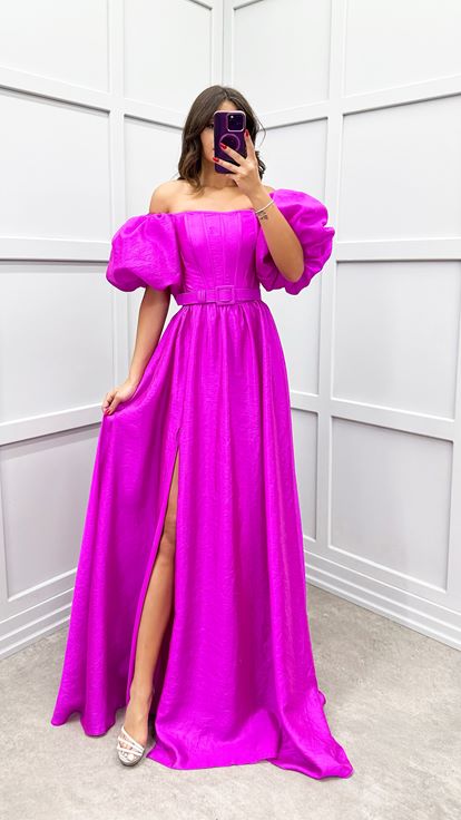 Fuşya Balon Kol Kemerli Abiye Elbise