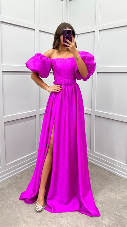 Fuşya Balon Kol Kemerli Abiye Elbise