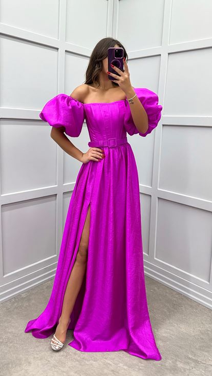 Fuşya Balon Kol Kemerli Abiye Elbise