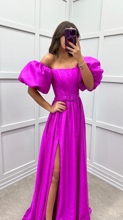 Fuşya Balon Kol Kemerli Abiye Elbise