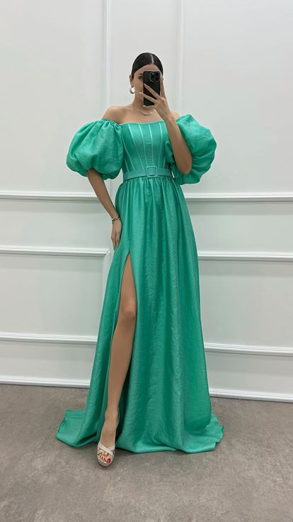 Mint Yeşili Balon Kol Kemerli Abiye Elbise