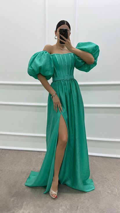 Mint Yeşili Balon Kol Kemerli Abiye Elbise