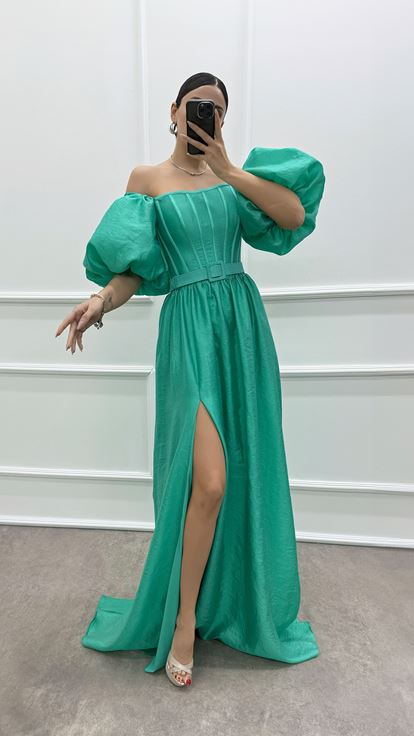 Mint Yeşili Balon Kol Kemerli Abiye Elbise