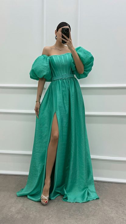 Mint Yeşili Balon Kol Kemerli Abiye Elbise