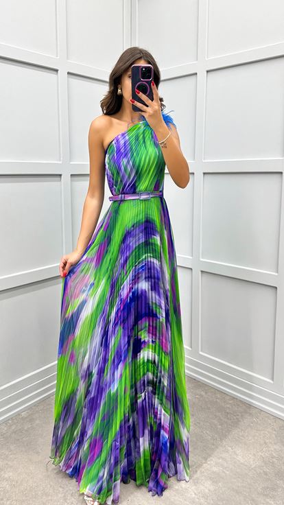 Saks One Shoulder Feather Detail Pleated Evening Dress