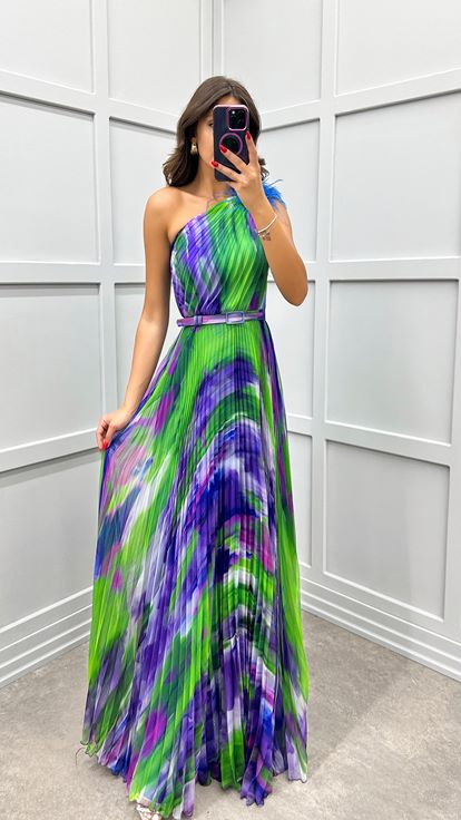 Saks One Shoulder Feather Detail Pleated Evening Dress