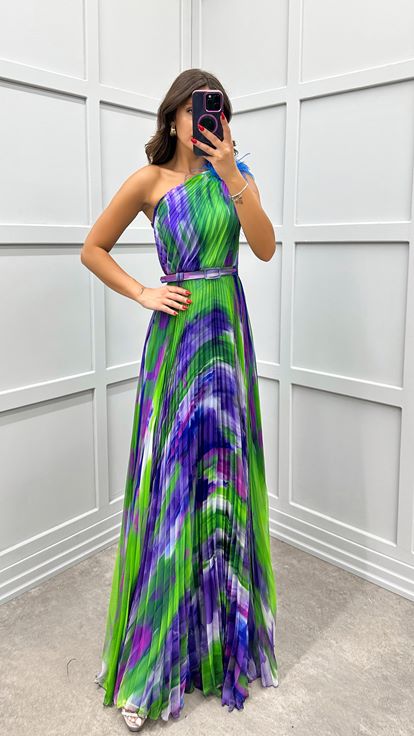 Saks One Shoulder Feather Detail Pleated Evening Dress