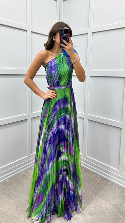 Saks One Shoulder Feather Detail Pleated Evening Dress