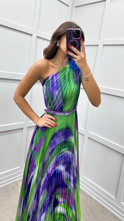 Saks One Shoulder Feather Detail Pleated Evening Dress