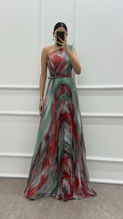 Mint Green One Shoulder Pleated Evening Dress with Feather Detail