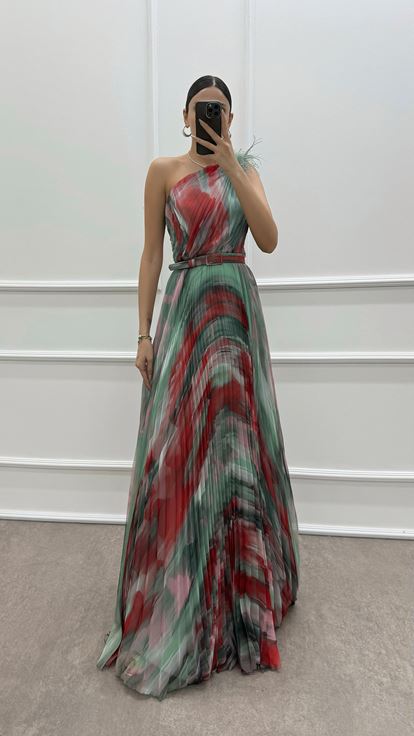 Mint Green One Shoulder Pleated Evening Dress with Feather Detail