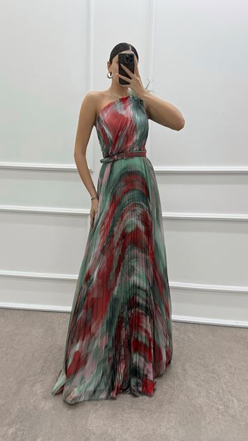 Mint Green One Shoulder Feather Detail Pleated Evening Dress