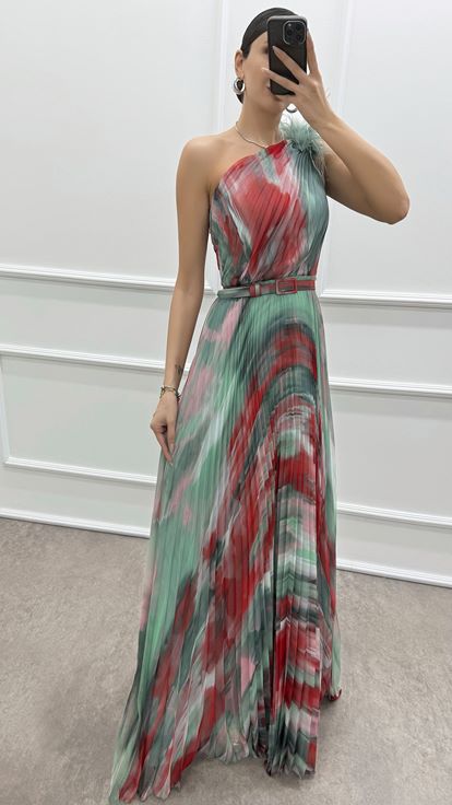 Mint Green One Shoulder Pleated Evening Dress with Feather Detail