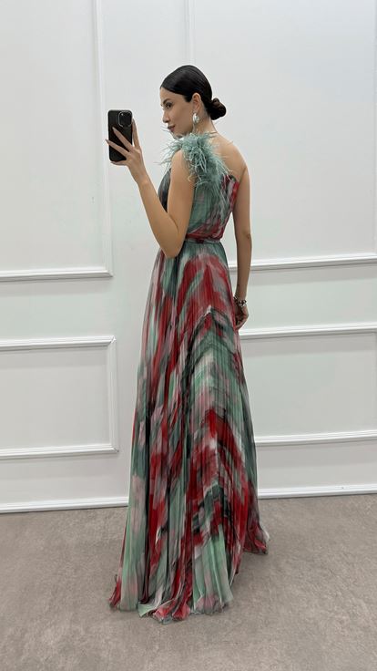 Mint Green One Shoulder Pleated Evening Dress with Feather Detail