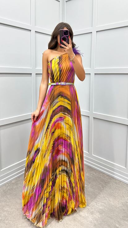 Purple One Shoulder Pleated Evening Dress with Feather Detail