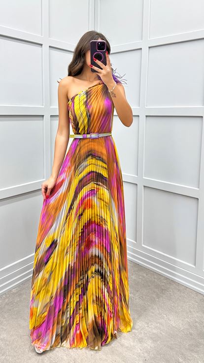 Purple One Shoulder Pleated Evening Dress with Feather Detail