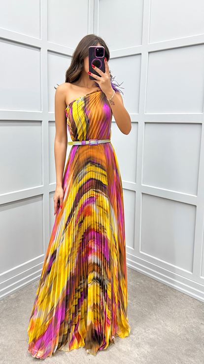 Purple One Shoulder Pleated Evening Dress with Feather Detail