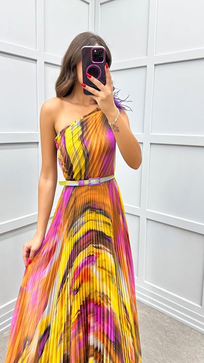 Purple One Shoulder Pleated Evening Dress with Feather Detail