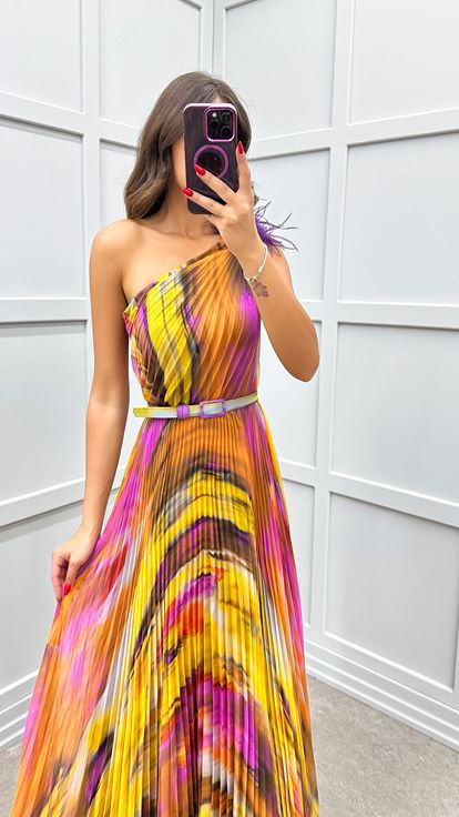 Purple One Shoulder Pleated Evening Dress with Feather Detail