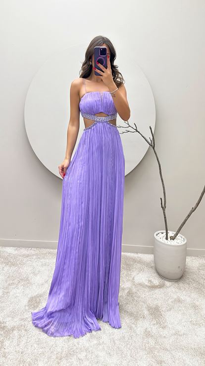 Vestido de noche bordado de piedra de la cintura con correa de cuerda lila