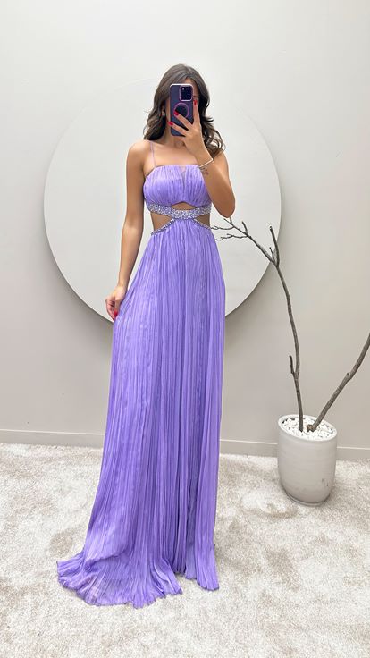 Vestido de noche bordado de piedra de la cintura con correa de cuerda lila