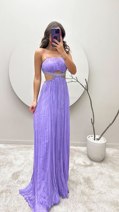 Vestido de noche bordado de piedra de la cintura con correa de cuerda lila