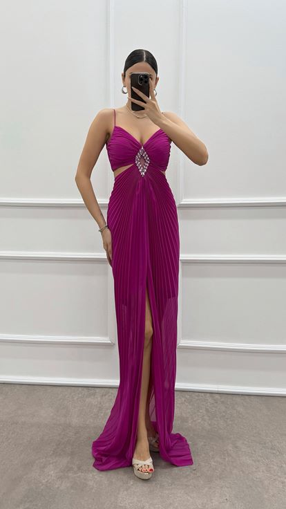 Fuchsia Strappy Evening Dress with Brooch at the Waist