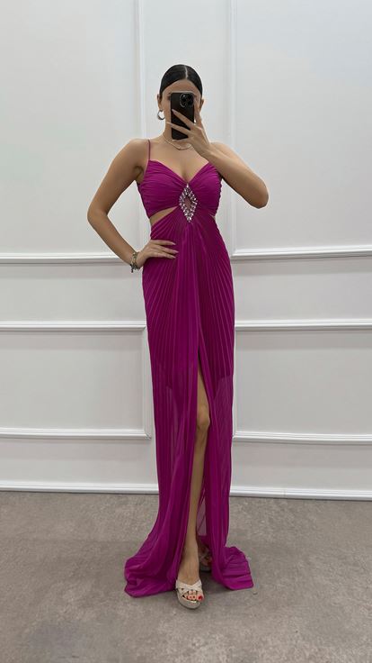 Fuchsia Strappy Evening Dress with Brooch at the Waist