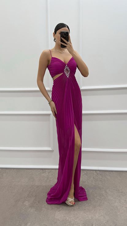 Fuchsia Strappy Evening Dress with Brooch at the Waist