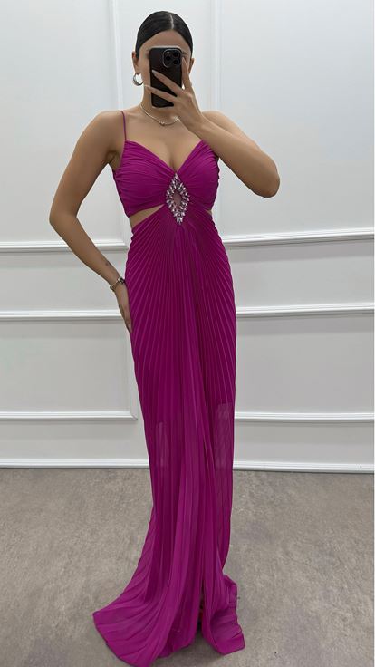 Fuchsia Strappy Evening Dress with Brooch at the Waist