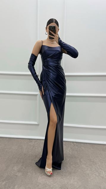 Vestido de noche con cordón con cordón azul marino