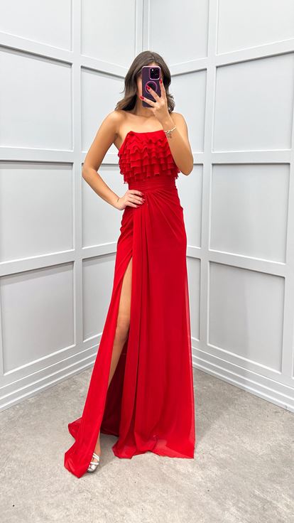 Red Strapless Evening Dress with Ruffled Bust