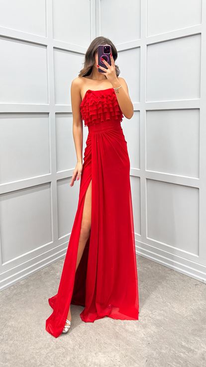 Red Strapless Evening Dress with Ruffled Bust