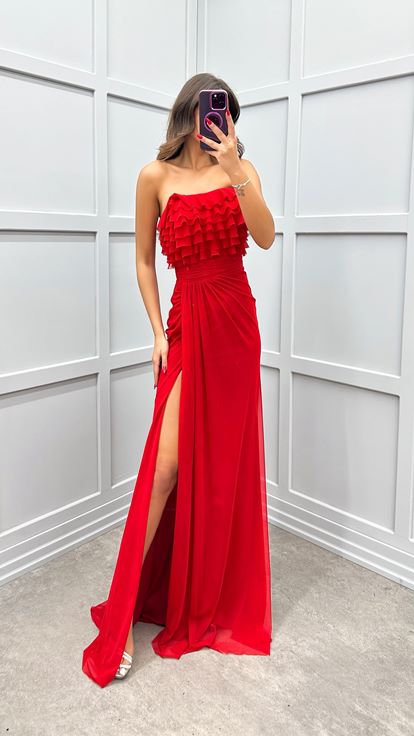 Red Strapless Evening Dress with Ruffled Bust