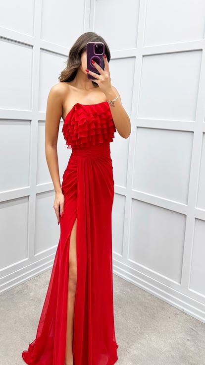 Red Strapless Evening Dress with Ruffled Bust