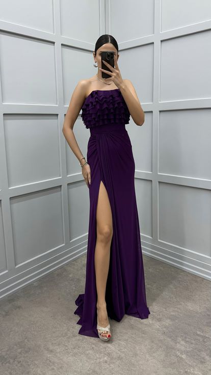 Mürdüm Straplez Göğsü Volanlı Abiye Elbise