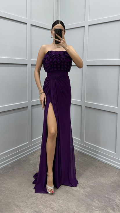 Mürdüm Straplez Göğsü Volanlı Abiye Elbise