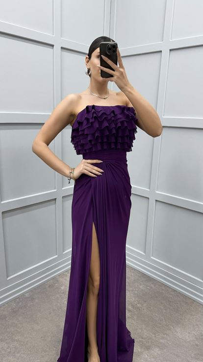 Mürdüm Straplez Göğsü Volanlı Abiye Elbise