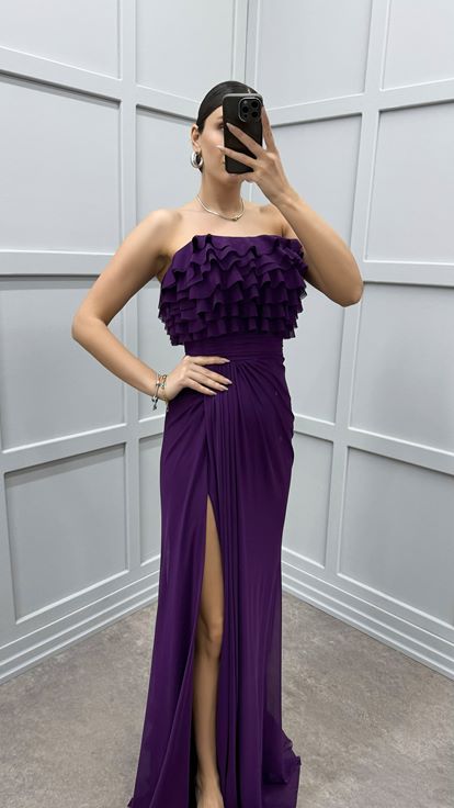 Mürdüm Straplez Göğsü Volanlı Abiye Elbise