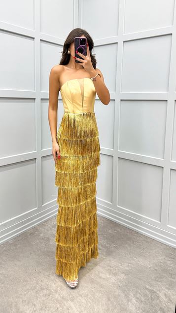 Jupe à bretelles en corde dorée Robe de soirée à franges