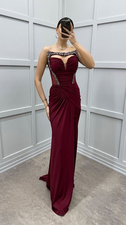 Bordo Omuz Detay Transparan Drapeli Abiye Elbise