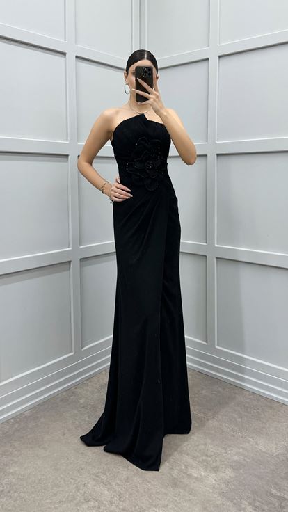 Black Strapless Waist Rose Detail Satin Dress
