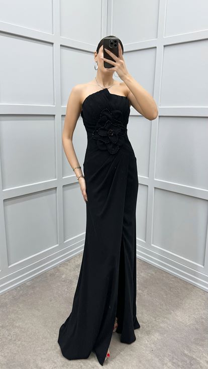 Black Strapless Waist Rose Detail Satin Dress