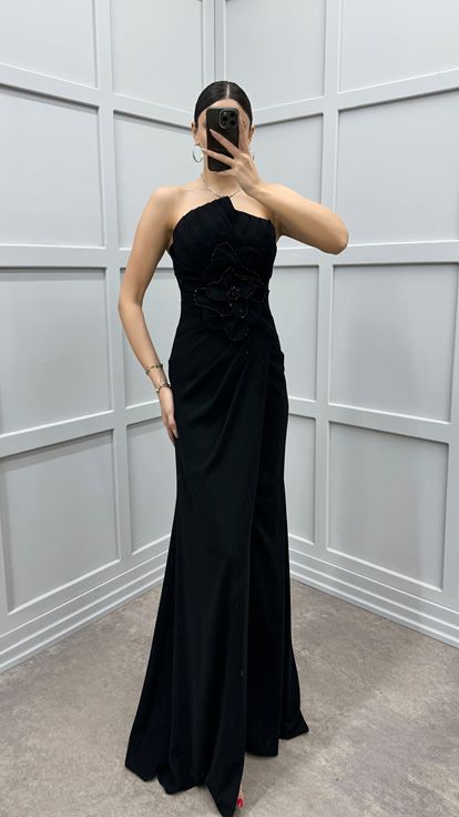 Black Strapless Waist Rose Detail Satin Dress