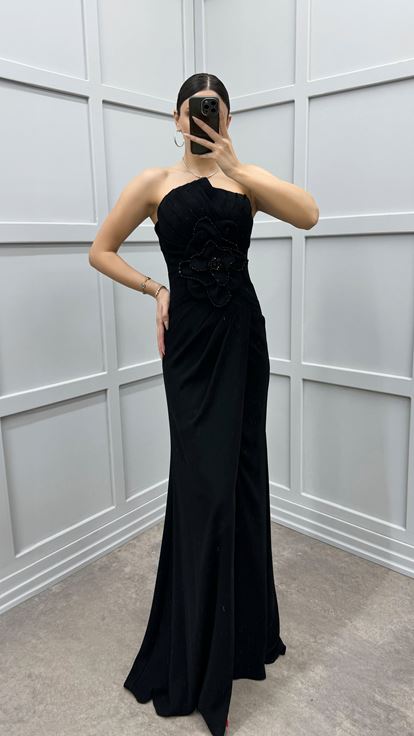 Black Strapless Waist Rose Detail Satin Dress