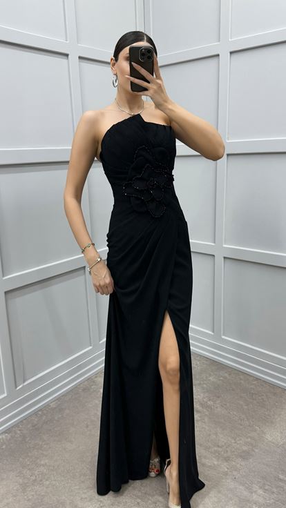 Black Strapless Waist Rose Detail Satin Dress