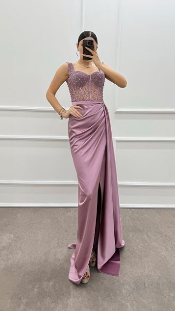 Powder Chest Bead Embroidered Transparent Evening Dress